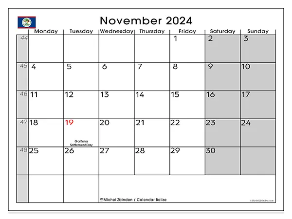 Free printable calendar Belize for November 2024. Week: Monday to Sunday.