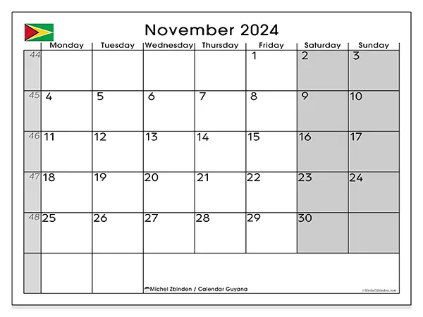 Free printable calendar Guyana for November 2024. Week: Monday to Sunday.
