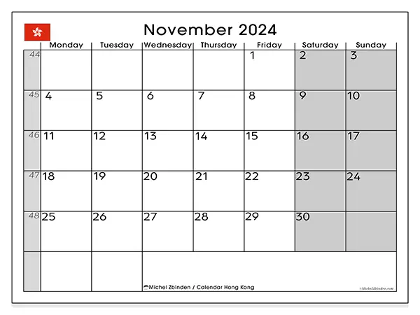 Free printable calendar Hong Kong for November 2024. Week: Monday to Sunday.