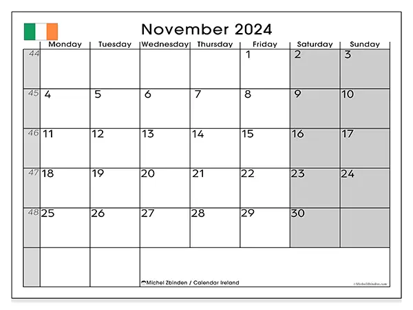 Free printable calendar Ireland for November 2024. Week: Monday to Sunday.