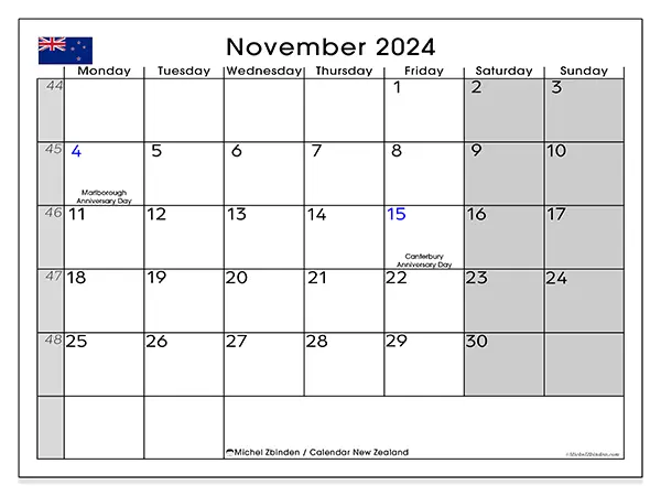 Free printable calendar New Zealand for November 2024. Week: Monday to Sunday.
