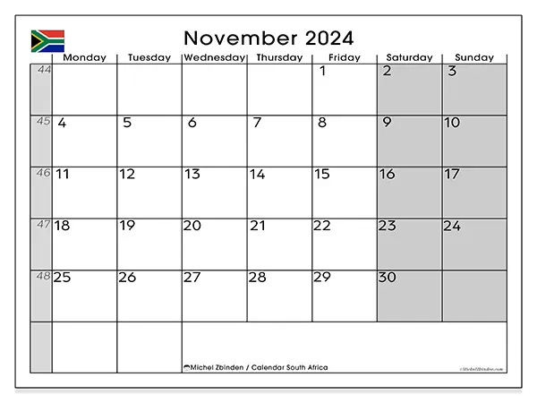 Free printable calendar South Africa for November 2024. Week: Monday to Sunday.