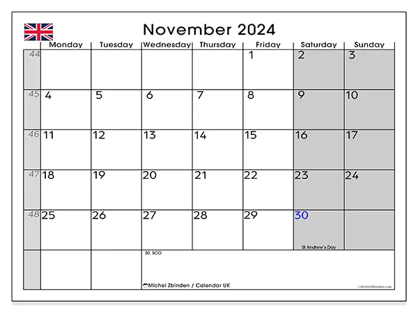 Free printable calendar UK for November 2024. Week: Monday to Sunday.