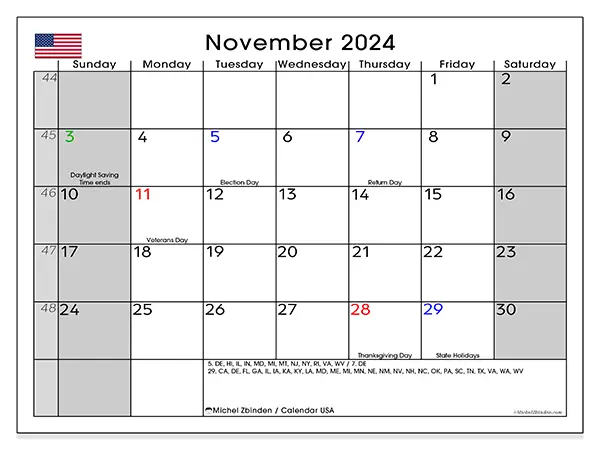 Free printable calendar USA for November 2024. Week: Sunday to Saturday.