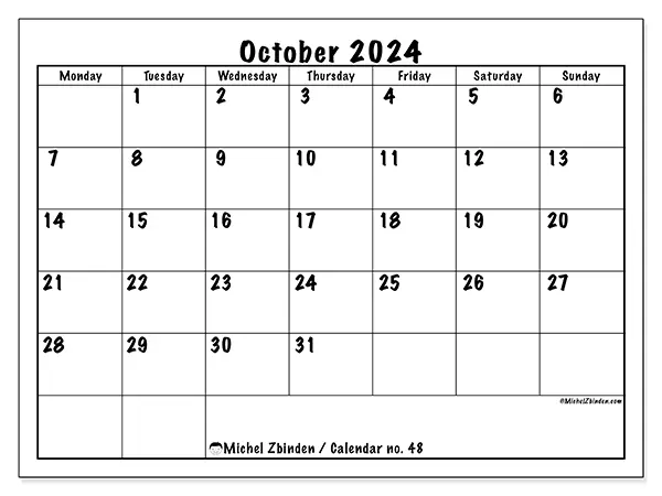 Free printable calendar no. 48 for October 2024. Week: Monday to Sunday.