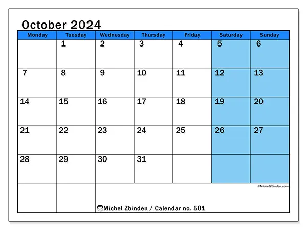 Free printable calendar no. 501 for October 2024. Week: Monday to Sunday.