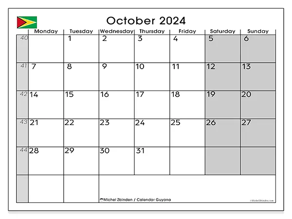 Free printable calendar Guyana for October 2024. Week: Monday to Sunday.
