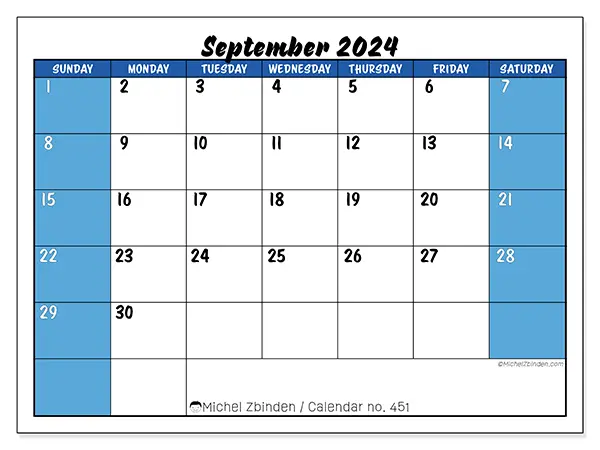Free printable calendar n° 451 for September 2024. Week: Sunday to Saturday.