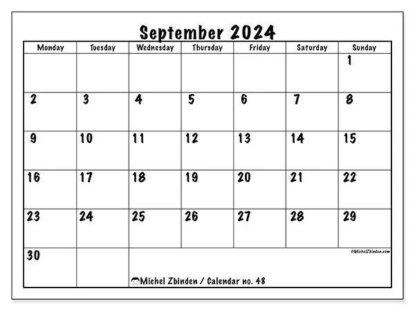Free printable calendar no. 48 for September 2024. Week: Monday to Sunday.