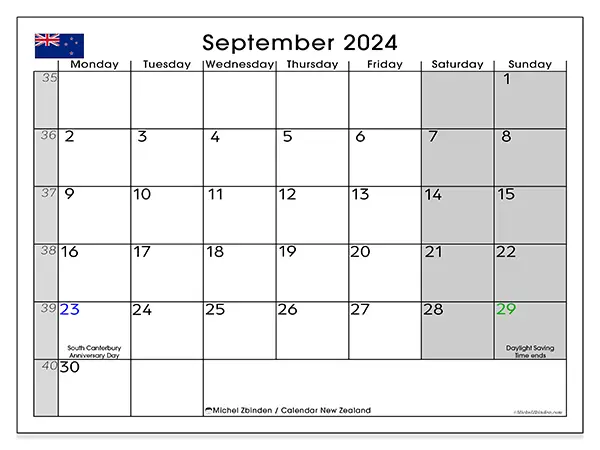 Free printable calendar New Zealand for September 2024. Week: Monday to Sunday.
