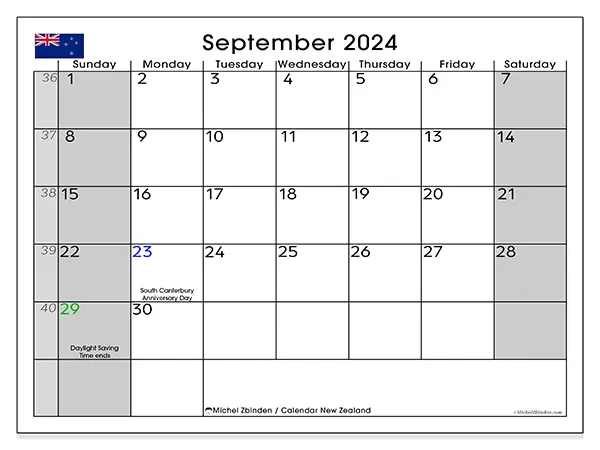 Free printable calendar New Zealand for September 2024. Week: Sunday to Saturday.