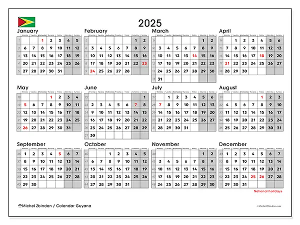 Free printable calendar Guyana,  2025. Week:  Monday to Sunday