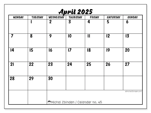 Printable calendar no. 45, April 2025