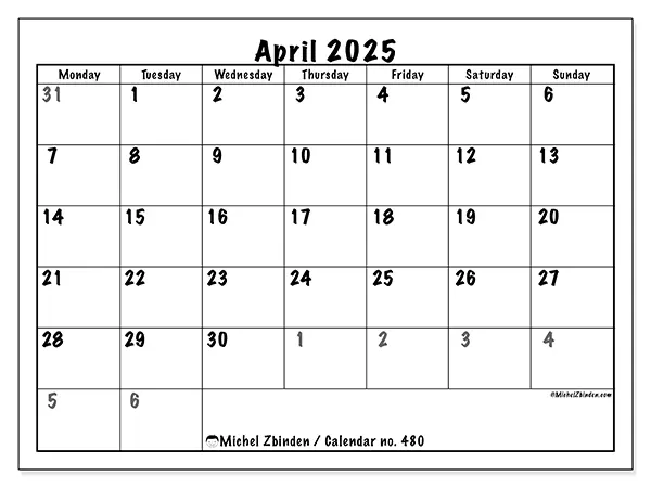 Free printable calendar no. 480 for April 2025. Week: Monday to Sunday.