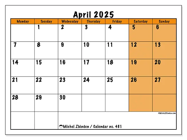 Free printable calendar no. 481 for April 2025. Week: Monday to Sunday.