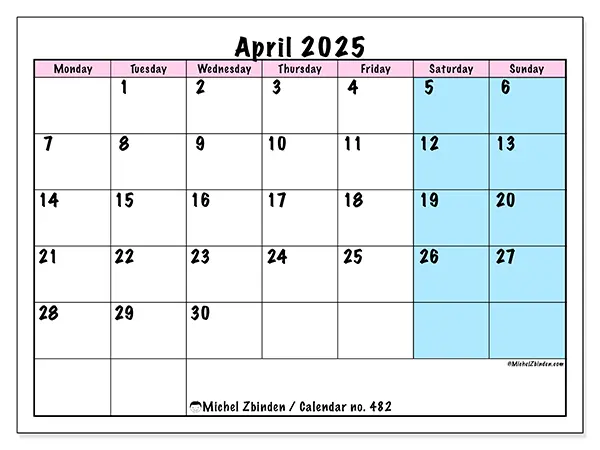 Free printable calendar no. 482 for April 2025. Week: Monday to Sunday.