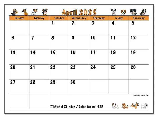 Free printable calendar no. 485 for April 2025. Week: Sunday to Saturday.