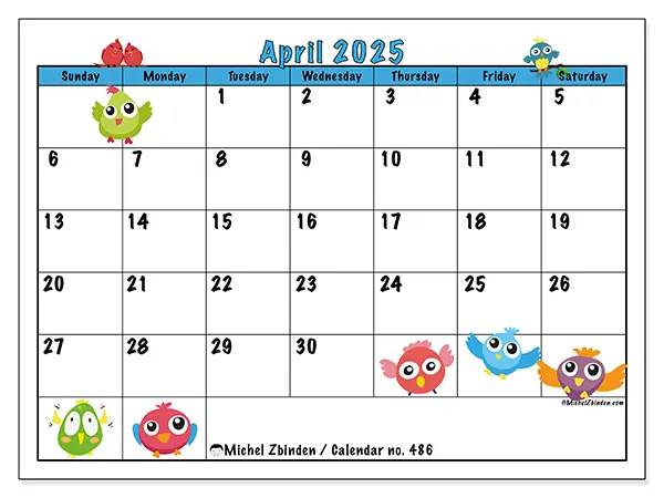 Free printable calendar no. 486 for April 2025. Week: Sunday to Saturday.