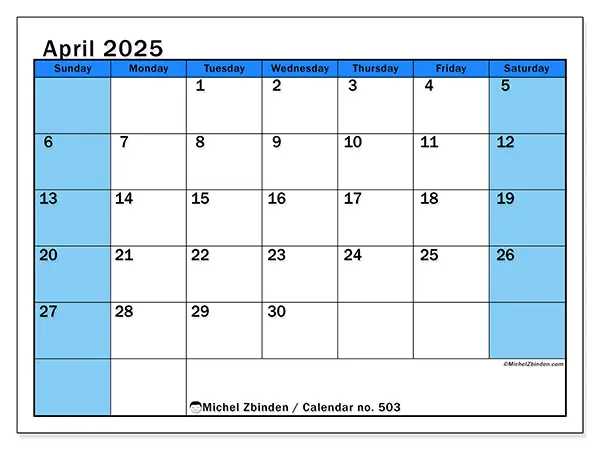 Free printable calendar no. 501 for April 2025. Week: Sunday to Saturday.