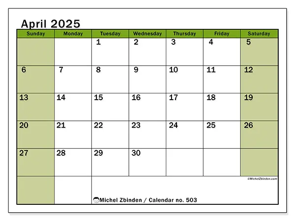 Free printable calendar no. 503 for April 2025. Week: Sunday to Saturday.