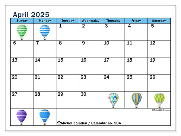 Free printable calendar no. 504 for April 2025. Week: Sunday to Saturday.