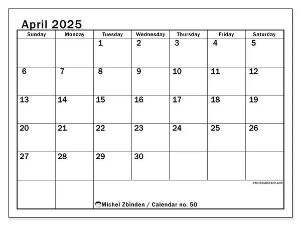 Free printable calendar no. 50 for April 2025. Week: Sunday to Saturday.