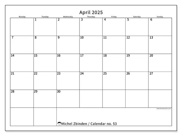 Free printable calendar no. 53 for April 2025. Week: Monday to Sunday.