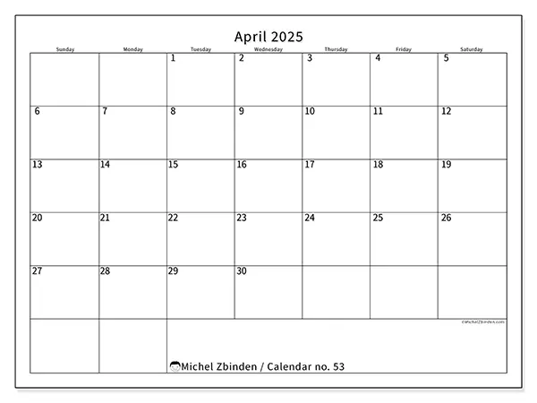 Free printable calendar no. 53 for April 2025. Week: Sunday to Saturday.