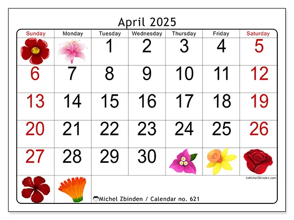 Free printable calendar no. 621 for April 2025. Week: Sunday to Saturday.