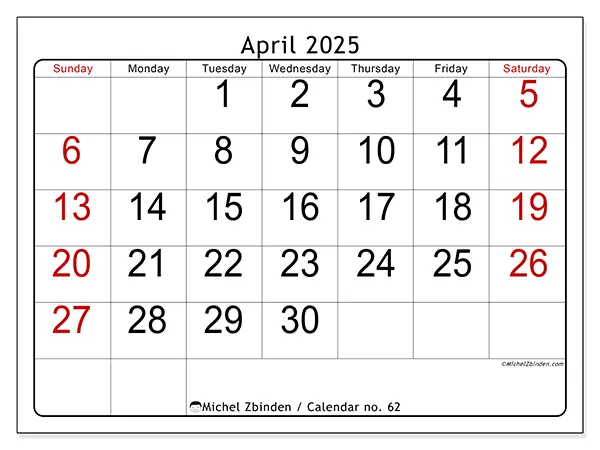 Printable calendar no. 62, April 2025