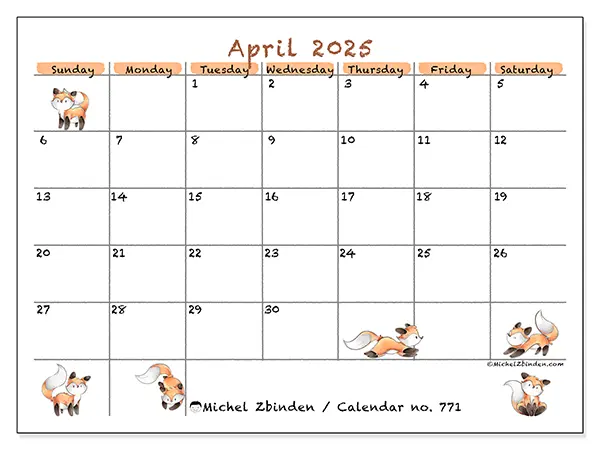 Printable calendar no. 771, April 2025