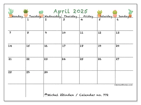 Free printable calendar no. 772 for April 2025. Week: Monday to Sunday.