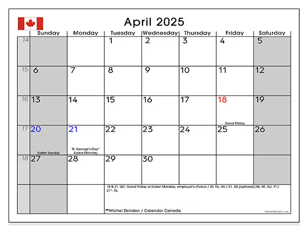 Free printable calendar Canada for April 2025. Week: Sunday to Saturday.