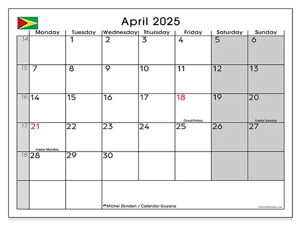 Free printable calendar Guyana for April 2025. Week: Monday to Sunday.