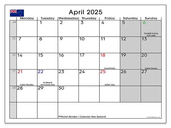 Free printable calendar New Zealand for April 2025. Week: Monday to Sunday.