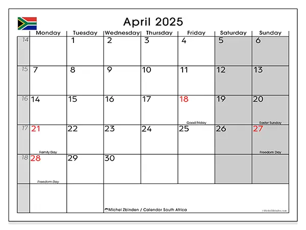 Free printable calendar South Africa for April 2025. Week: Monday to Sunday.