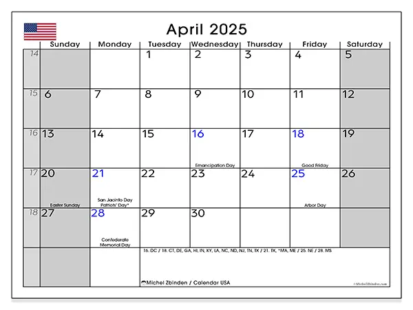 Free printable calendar USA for April 2025. Week: Sunday to Saturday.