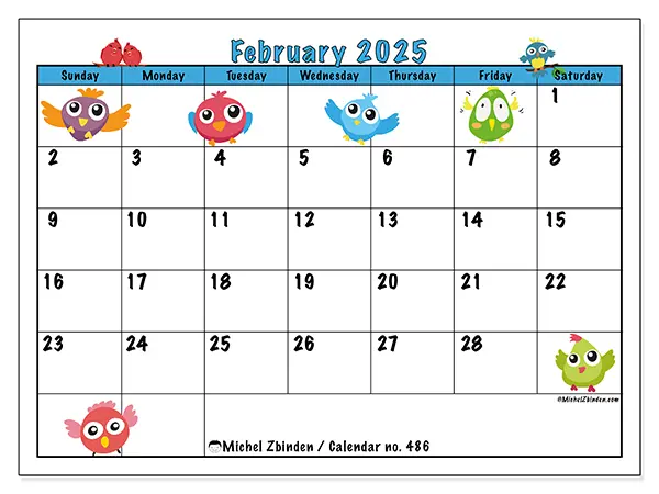 Free printable calendar no. 486 for February 2025. Week: Sunday to Saturday.