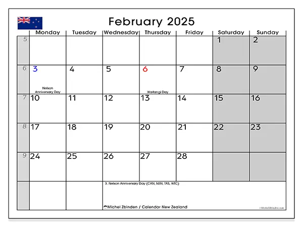 Free printable calendar New Zealand for February 2025. Week: Monday to Sunday.