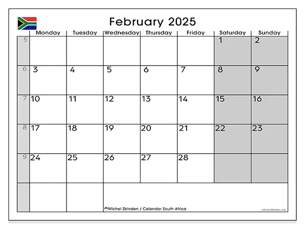 Free printable calendar South Africa for February 2025. Week: Monday to Sunday.