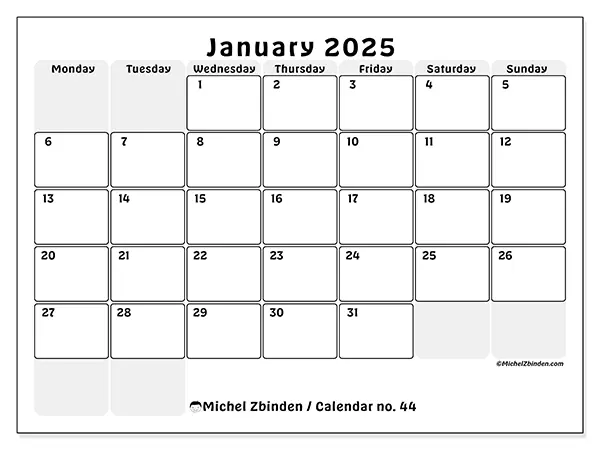 Free printable calendar n° 44 for January 2025. Week: Monday to Sunday.