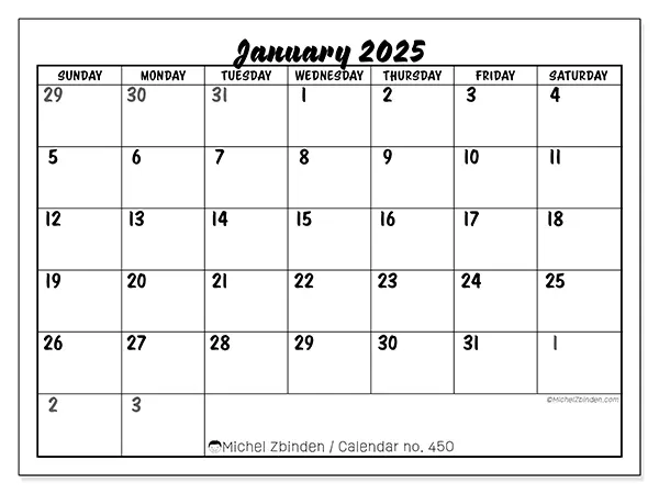 Free printable calendar n° 450 for January 2025. Week: Sunday to Saturday.