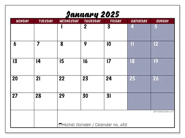 Free printable calendar n° 452 for January 2025. Week: Monday to Sunday.