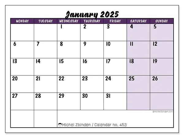 Free printable calendar n° 453 for January 2025. Week: Monday to Sunday.