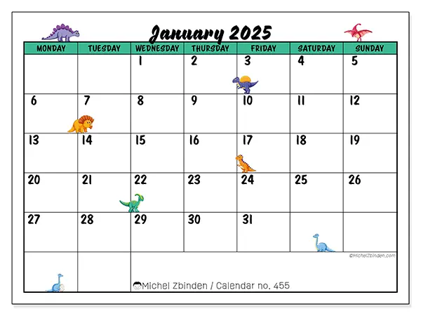 Free printable calendar n° 455 for January 2025. Week: Monday to Sunday.