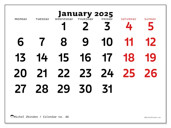 Free printable calendar no. 46 for January 2025. Week: Monday to Sunday.