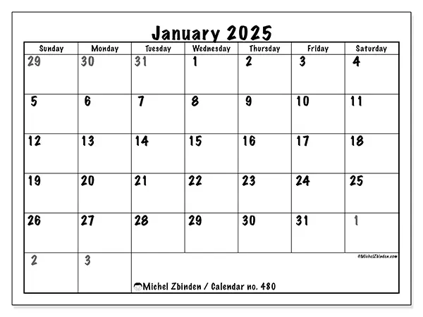 Free printable calendar no. 480 for January 2025. Week: Sunday to Saturday.
