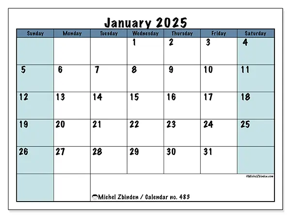 Free printable calendar no. 483 for January 2025. Week: Sunday to Saturday.