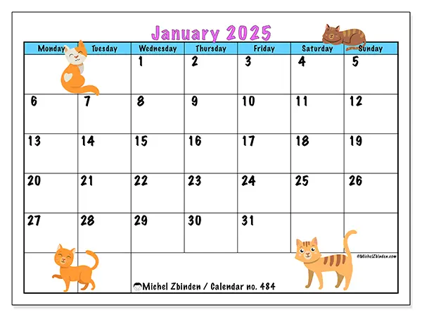 Free printable calendar no. 484 for January 2025. Week: Monday to Sunday.