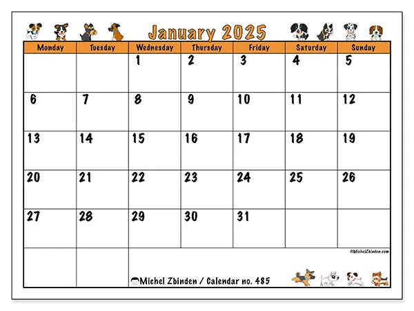Free printable calendar no. 485 for January 2025. Week: Monday to Sunday.